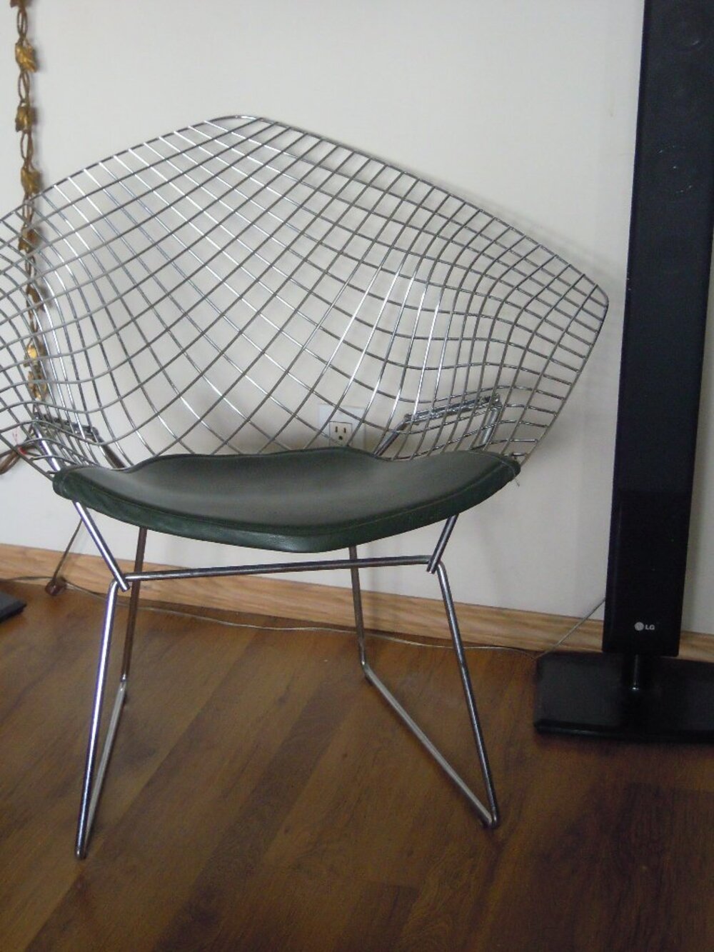 Vintage 1960s Bertoia Knoll Small Diamond Silver Wire Chair w green seat